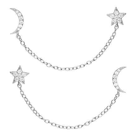 Moon and Star Double stud with chain earrings
