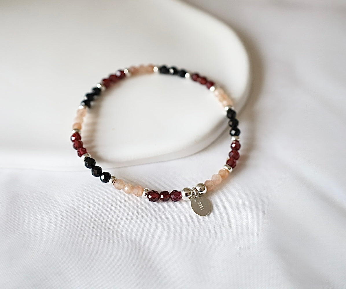 Garnet, Black Spinel and Sunstone Mixed Gemstone Bracele