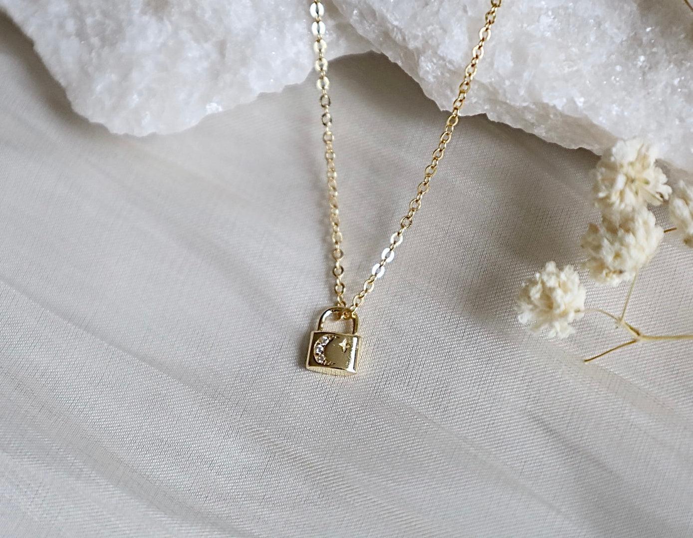 Gold Tiny Moon and Star Padlock Necklace. 925 Sterling Silver