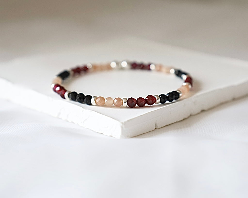 Garnet, Black Spinel and Sunstone Mixed Gemstone Bracele