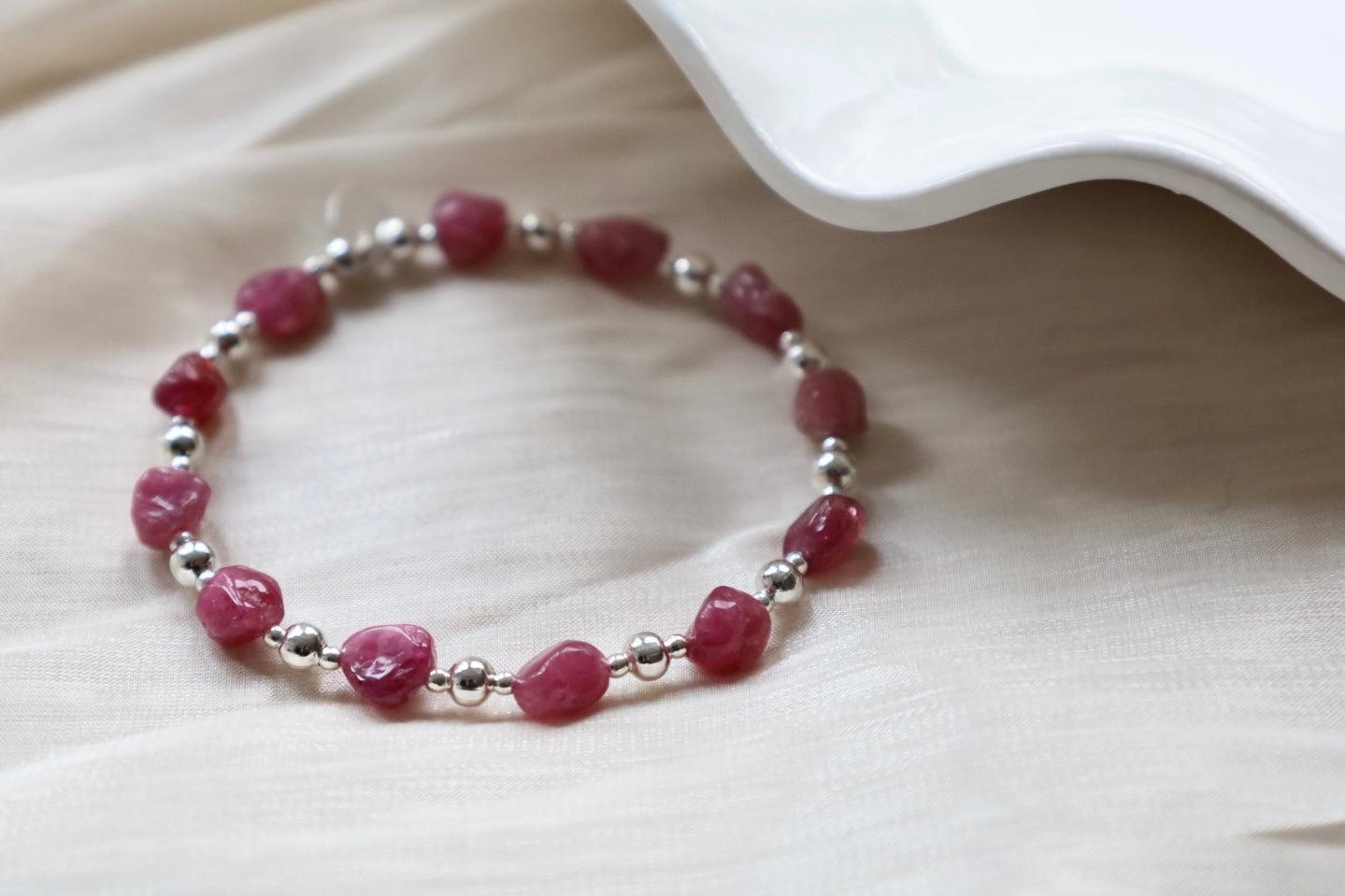 Pink Tourmaline Nugget Gemstone Bracelet | 925 Sterling Silver
