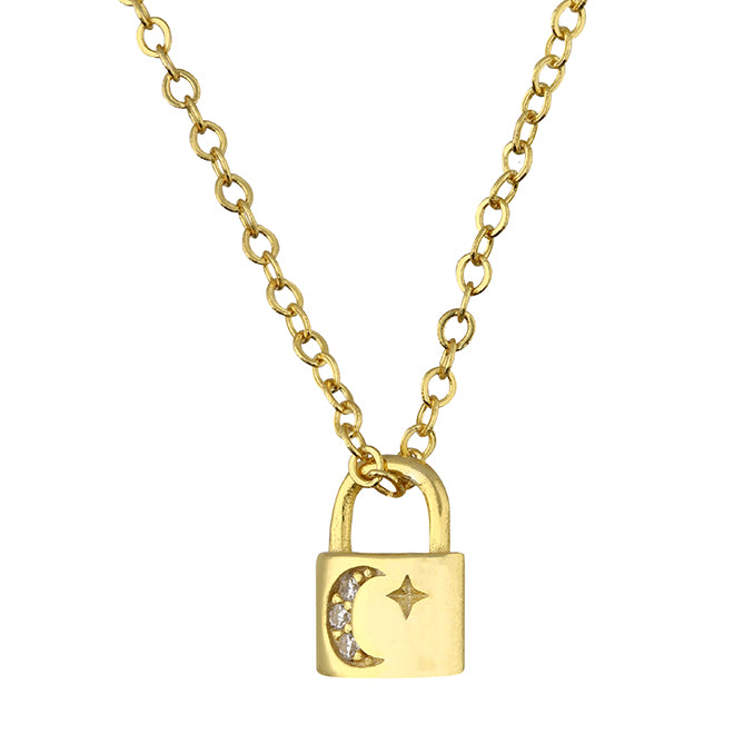 Gold Tiny Moon and Star Padlock Necklace. 925 Sterling Silver