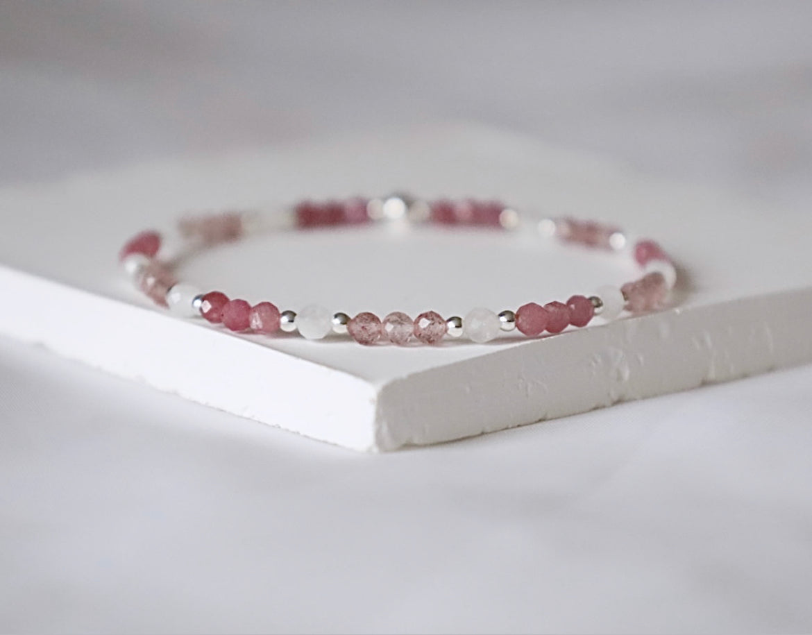 Pink tourmaline, Moonstone and Strawberry Quartz Mixed Gemstone Bracelet