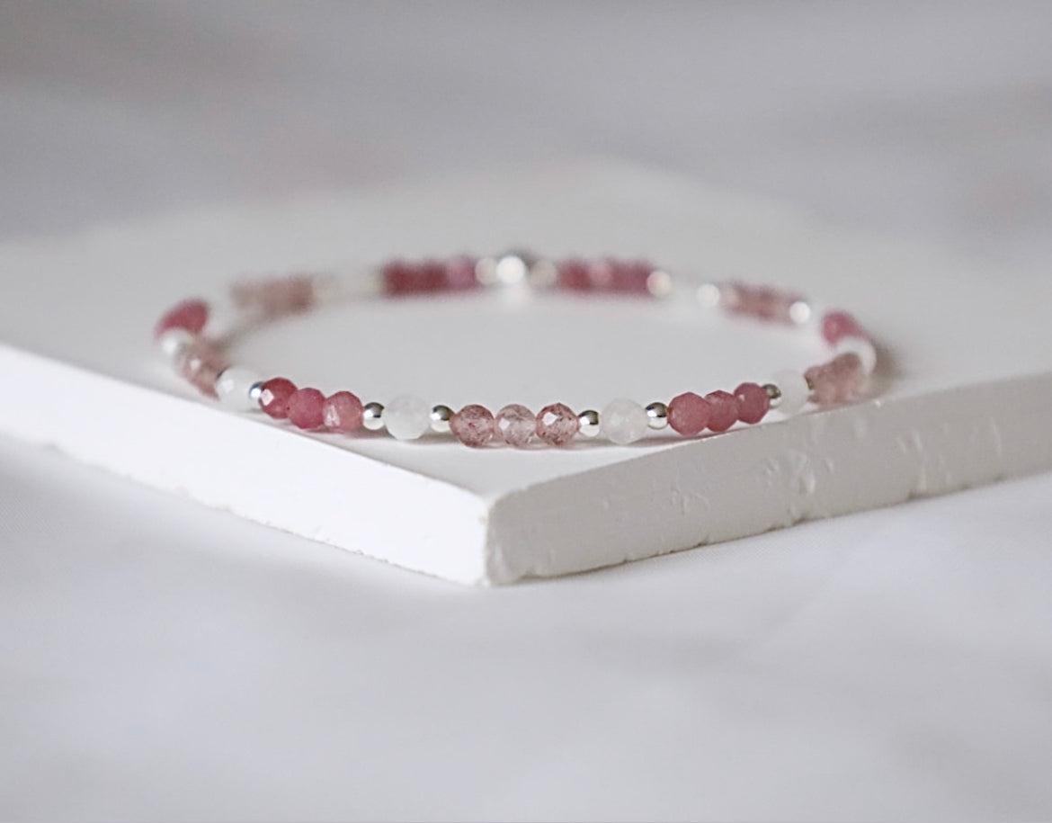 Pink tourmaline, Moonstone and Strawberry Quartz Mixed Gemstone Bracelet