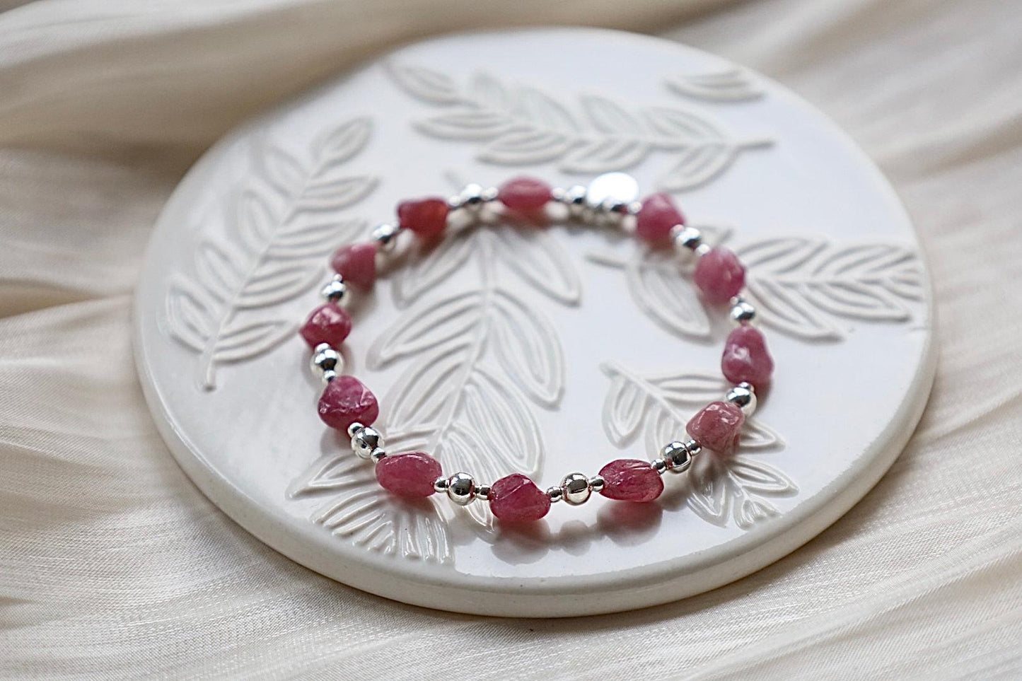 Pink Tourmaline Nugget Gemstone Bracelet | 925 Sterling Silver