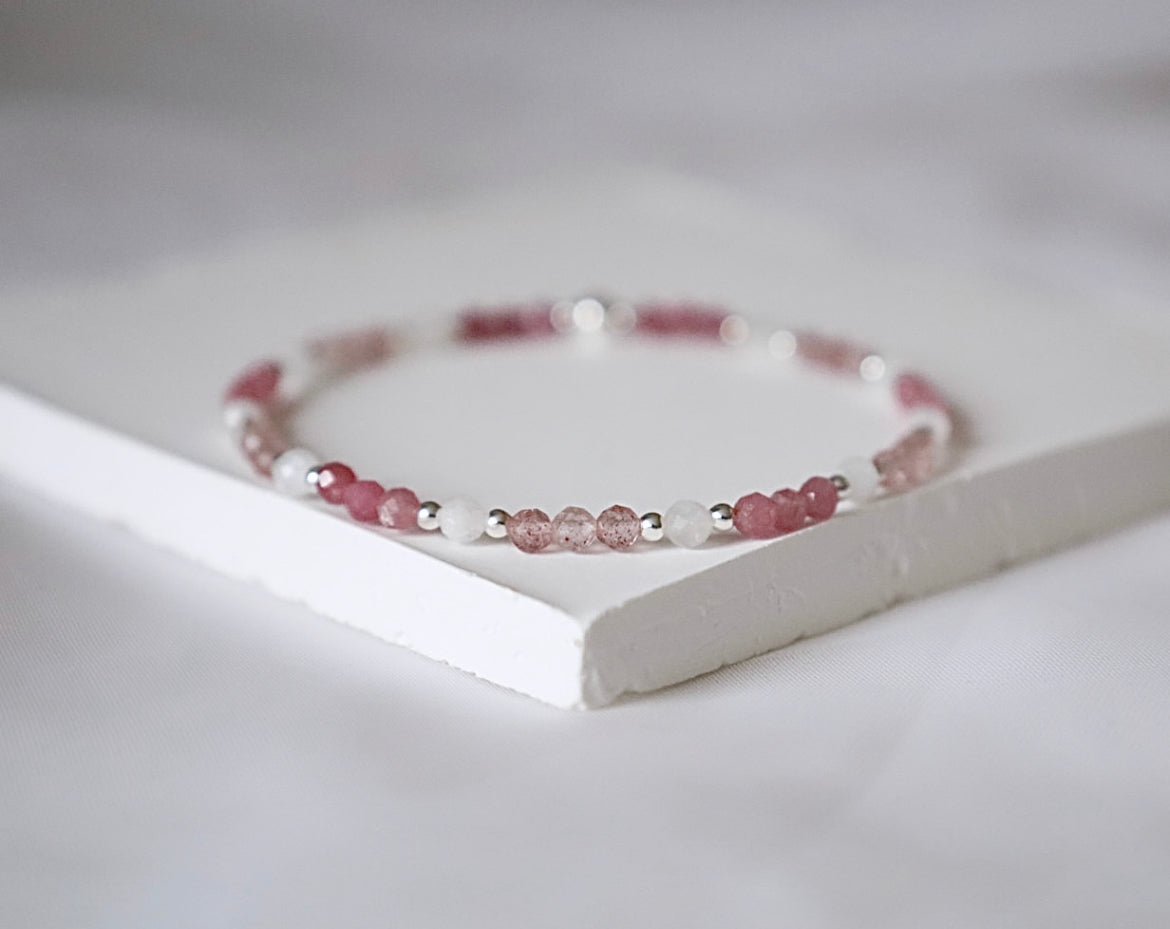 Pink tourmaline, Moonstone and Strawberry Quartz Mixed Gemstone Bracelet
