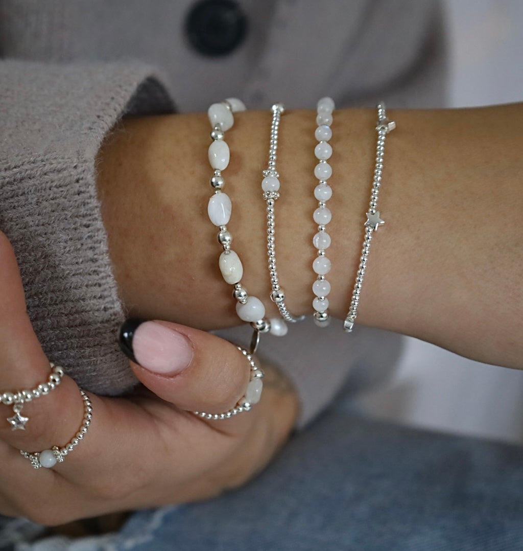 White christmas moonstone Bracelet stack | 925 Sterling Silver