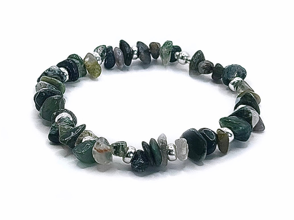 Moss Agate Chip Stone Healing Bracelet | 925 Sterling Silver