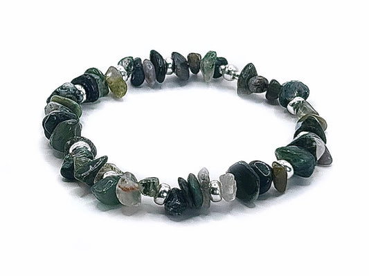 Moss Agate Chip Stone Healing Bracelet | 925 Sterling Silver