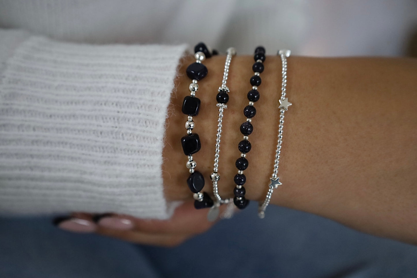 Blue Goldstone Nugget Gemstone Bracelet | 925 Sterling Silver