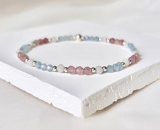 Aquamarine, Moonstone and Strawberry Quartz Mixed Gemstone Bracelet