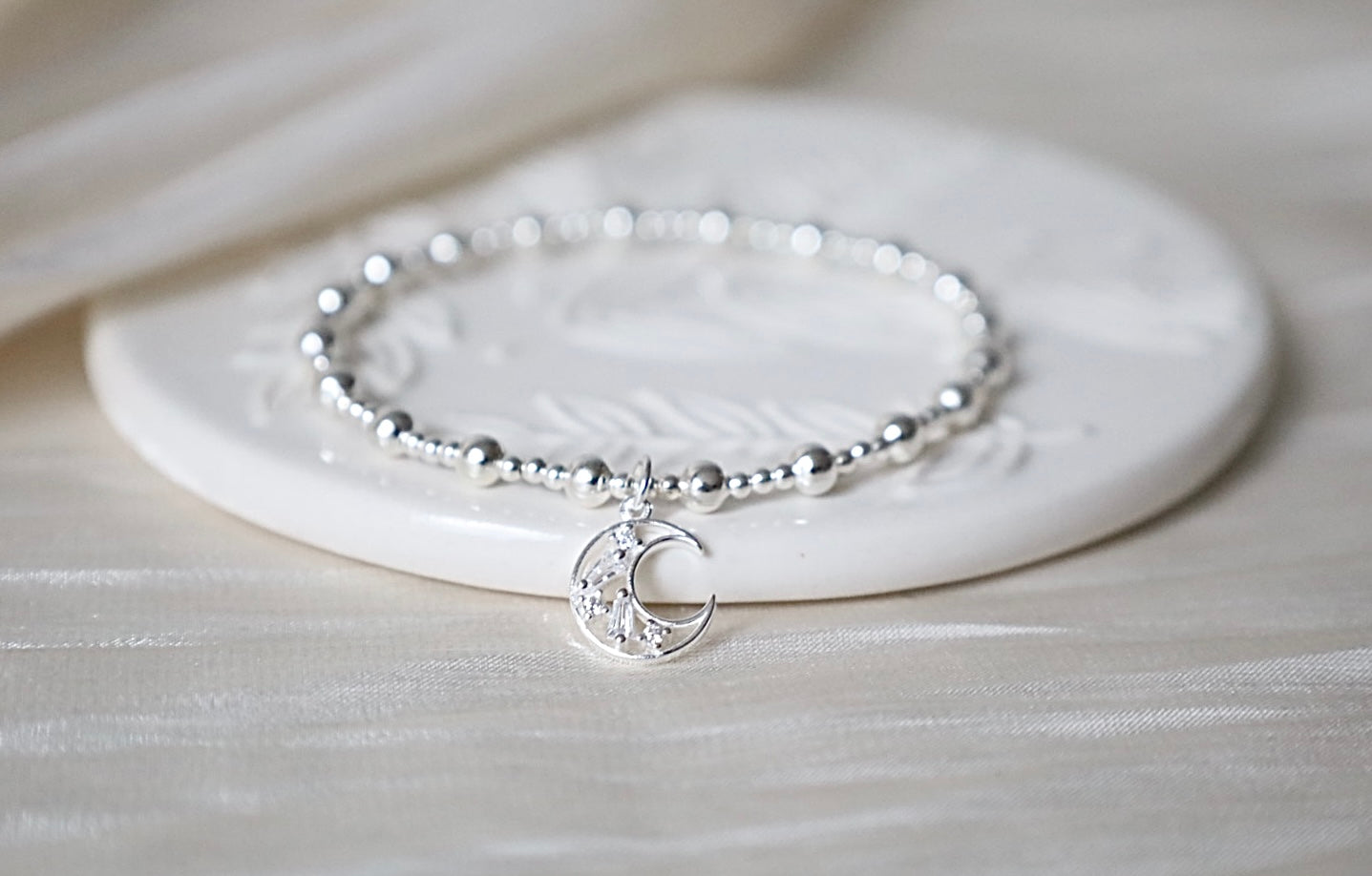 Crystal Cresent Moon Charm Bracelet | 925 Sterling Silver