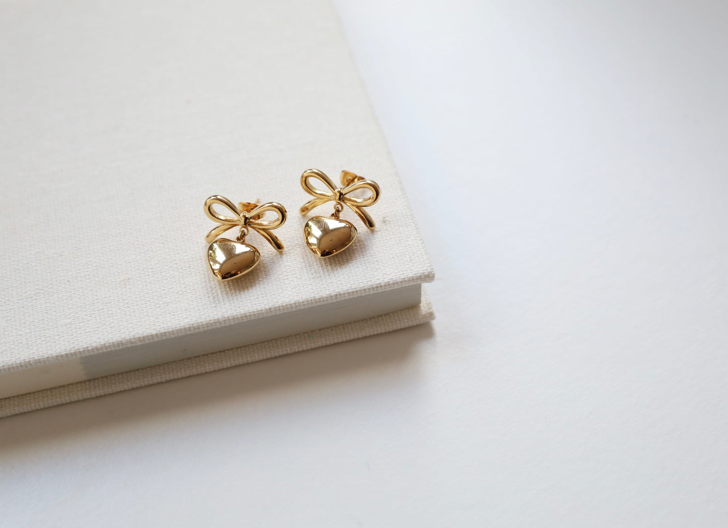 Gold Bow Heart Drop Earrings