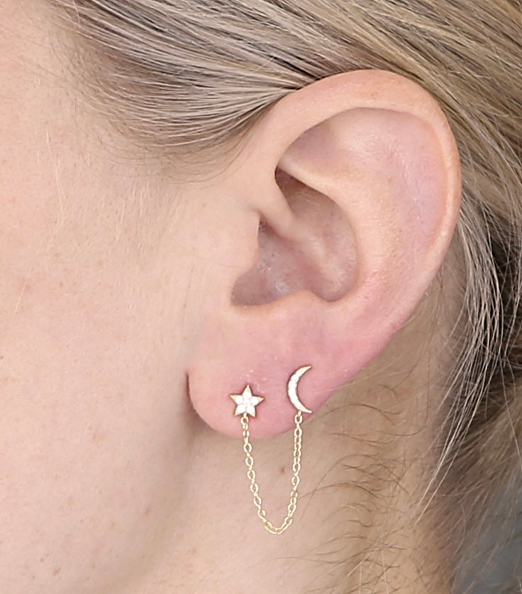 Moon and Star Double stud with chain earrings