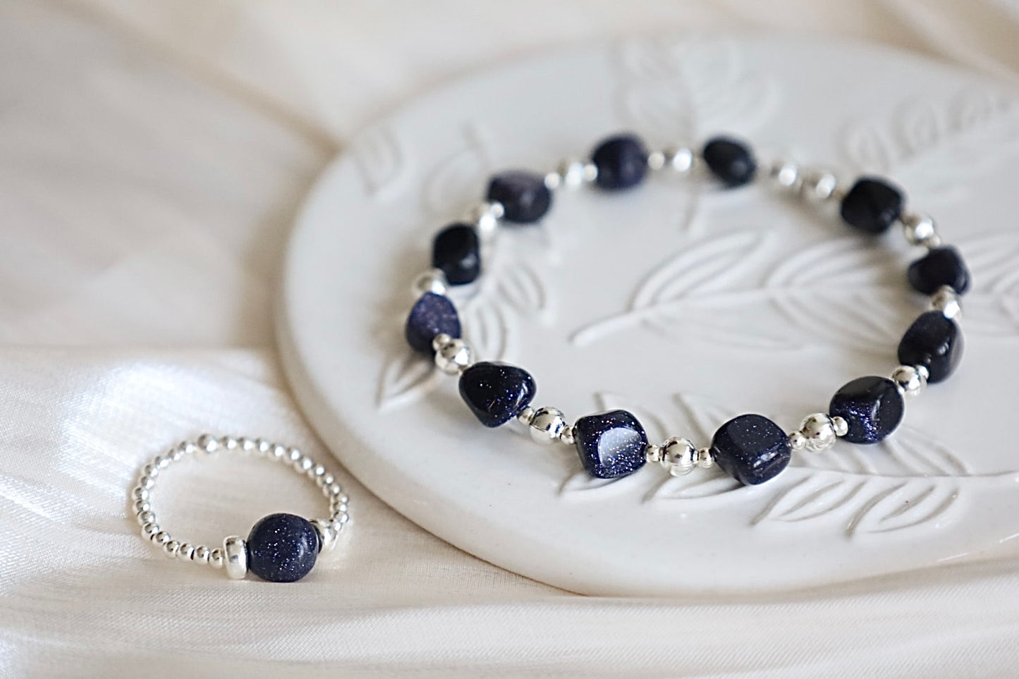 Blue Goldstone Nugget Gemstone Bracelet | 925 Sterling Silver