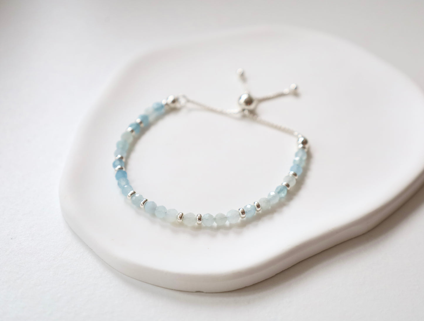 Dainty Aquamarine Adjustable Bracelet | 925 Sterling Silver | March Birthstone