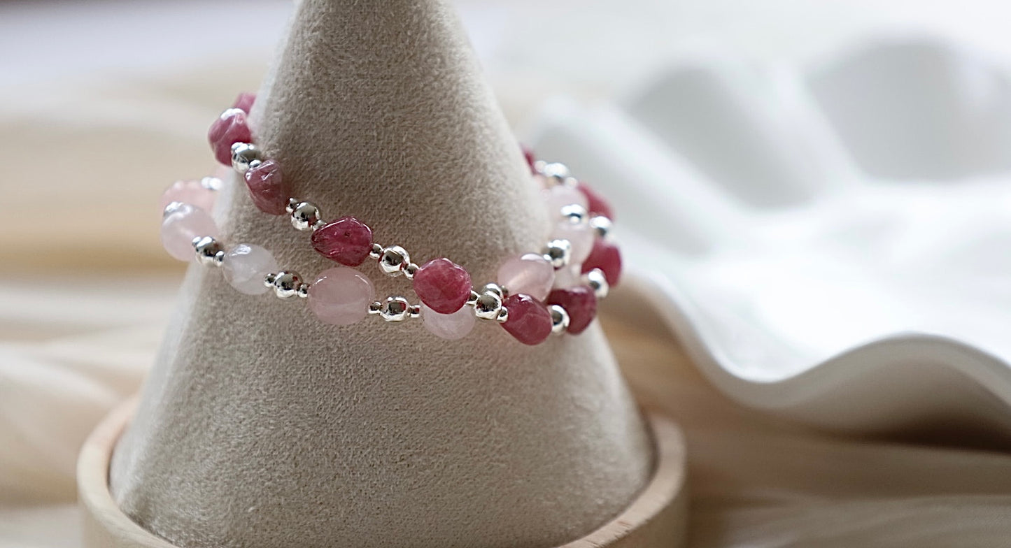 Pink Tourmaline Nugget Gemstone Bracelet | 925 Sterling Silver