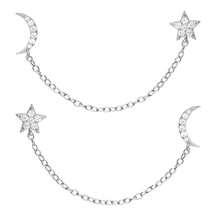 Moon and Star Double stud with chain earrings