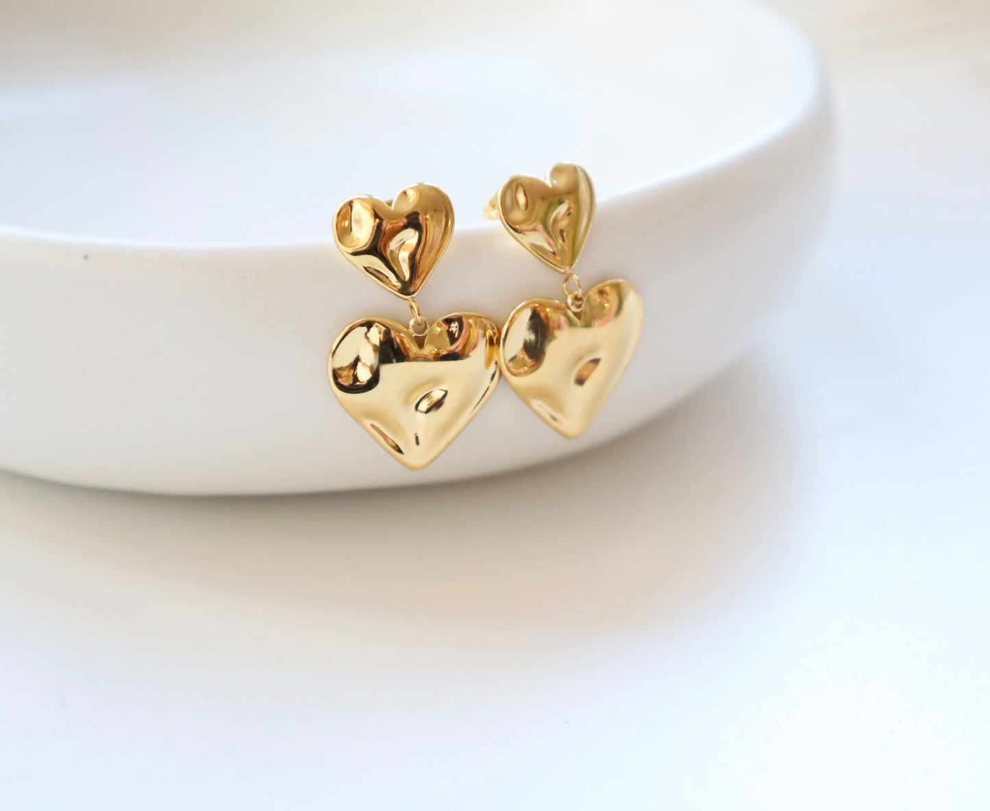 Molten Gold Double Heart Drop Earrings