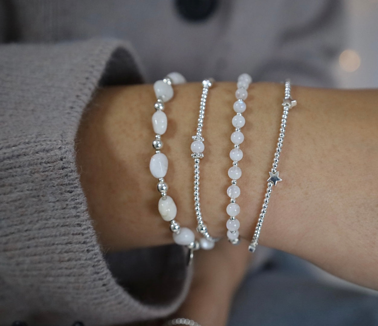 White christmas moonstone Bracelet stack | 925 Sterling Silver