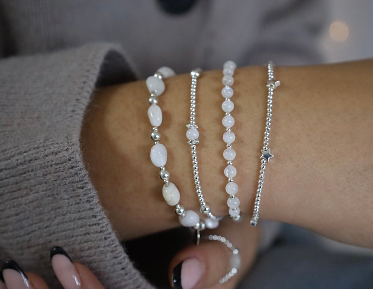 White christmas moonstone Bracelet stack | 925 Sterling Silver