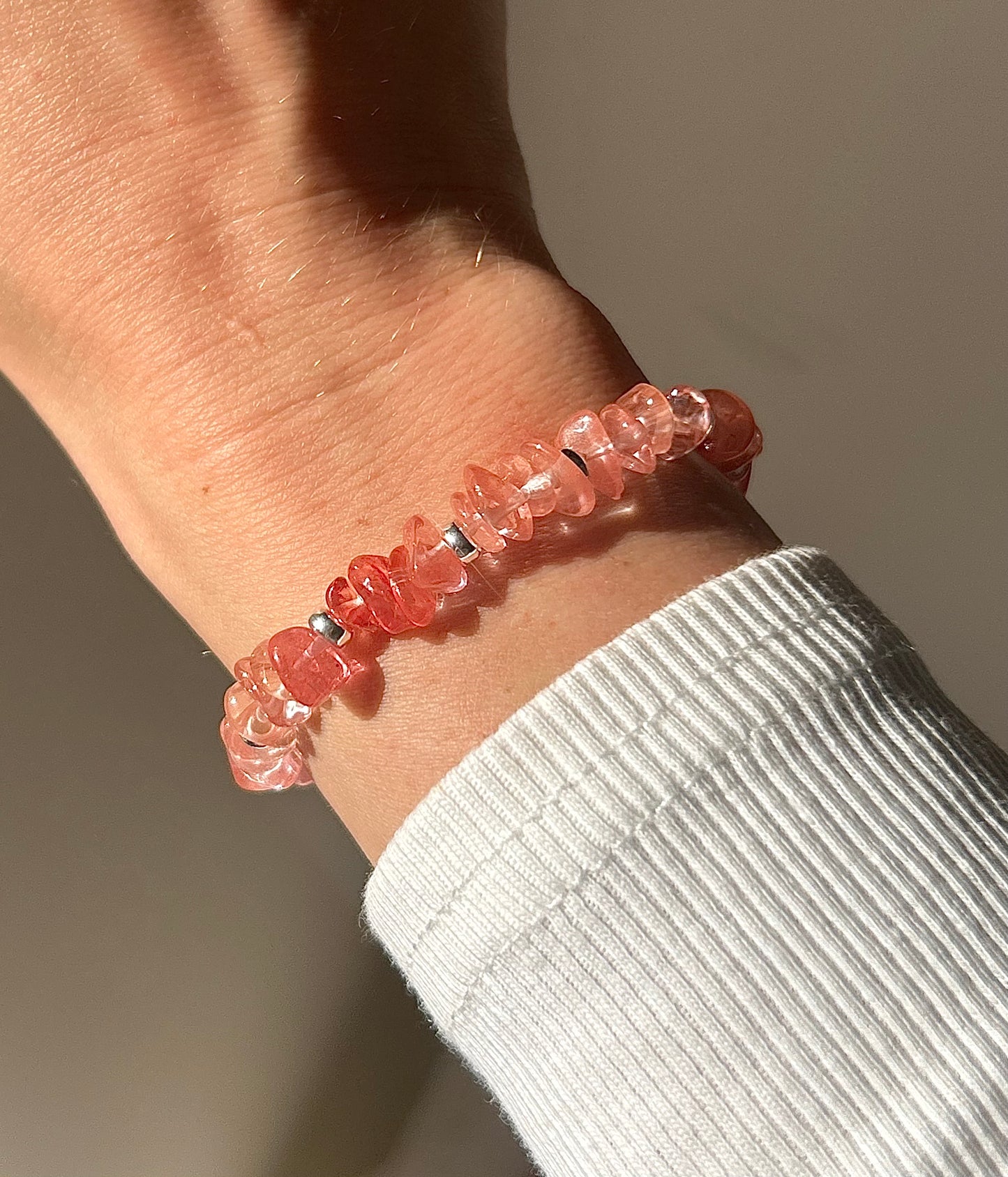 Cherry Quartz Chip Stone Healing Bracelet | 925 Sterling Silver