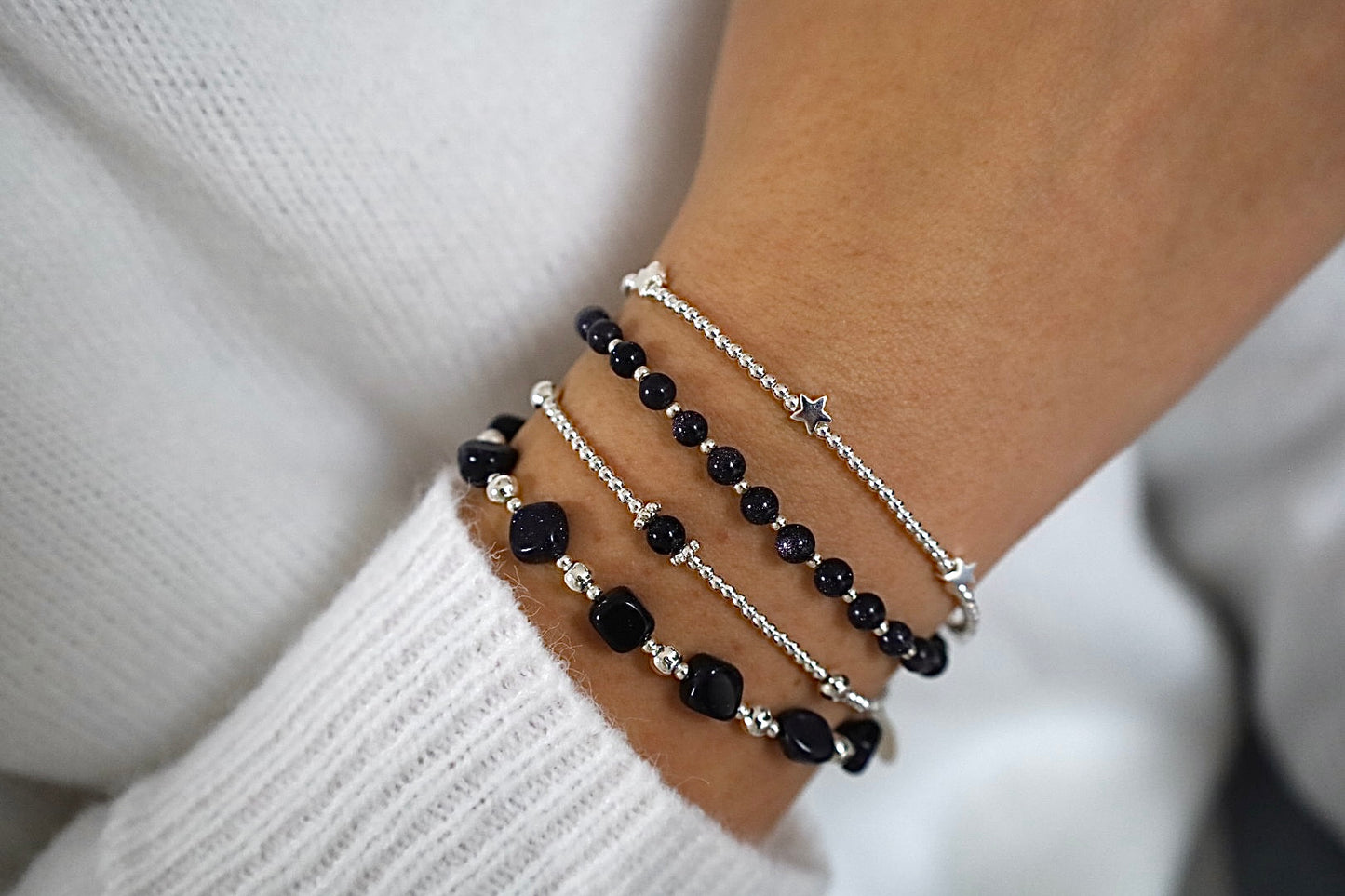 Blue Goldstone Nugget Gemstone Bracelet | 925 Sterling Silver