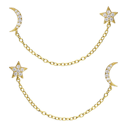 Moon and Star Double stud with chain earrings