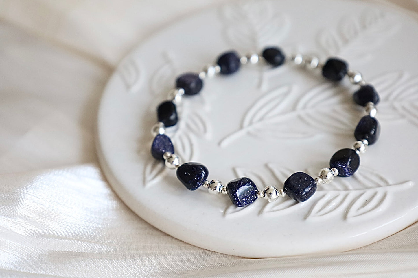 Blue Goldstone Nugget Gemstone Bracelet | 925 Sterling Silver