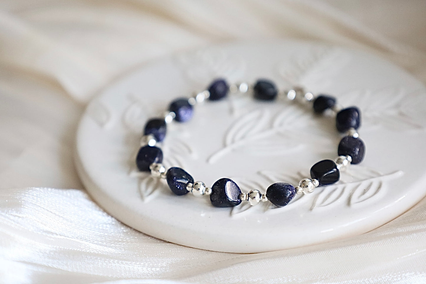 Blue Goldstone Nugget Gemstone Bracelet | 925 Sterling Silver