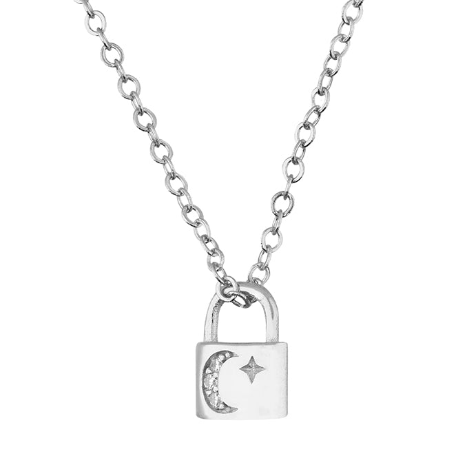 Mini Moon and Star Padlock Necklace. 925 Sterling Silver