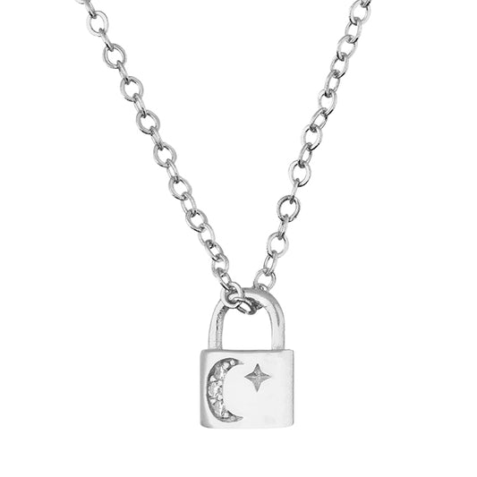 Mini Moon and Star Padlock Necklace. 925 Sterling Silver