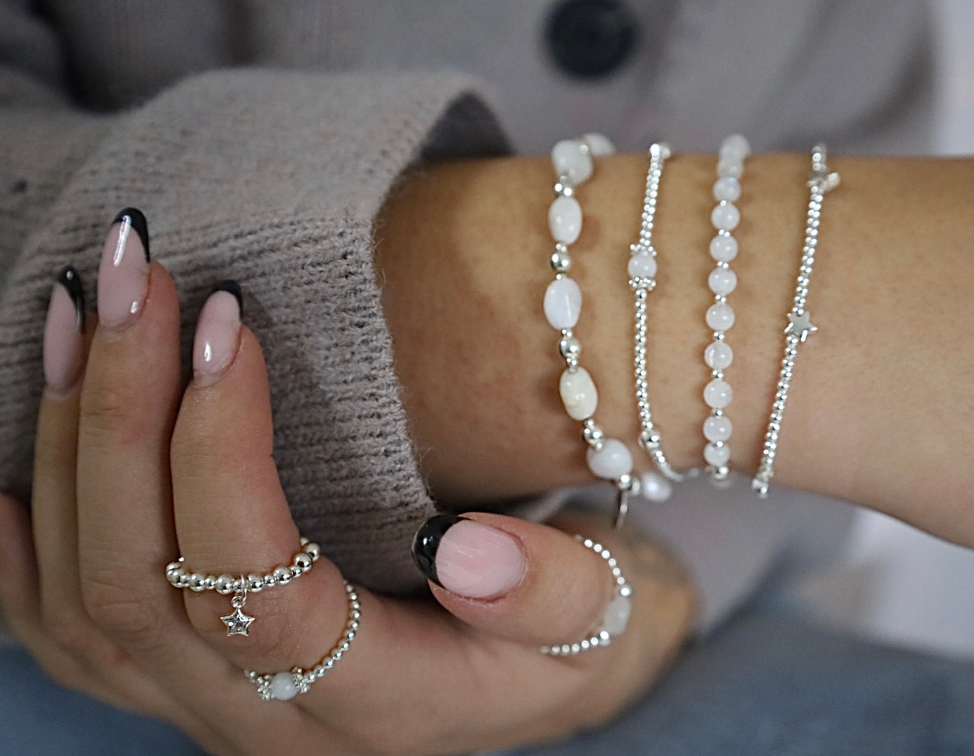 White christmas moonstone Bracelet stack | 925 Sterling Silver