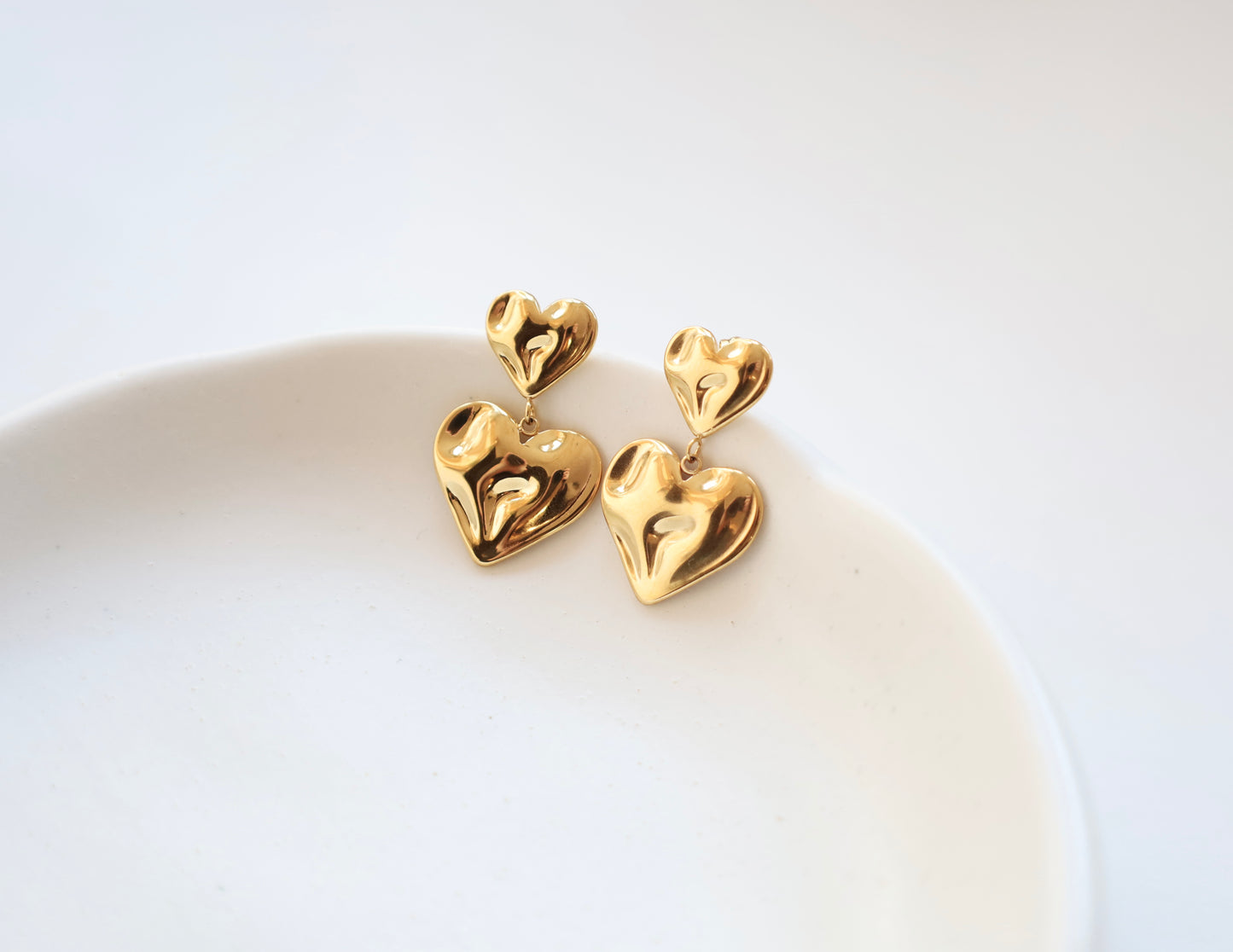 Molten Gold Double Heart Drop Earrings