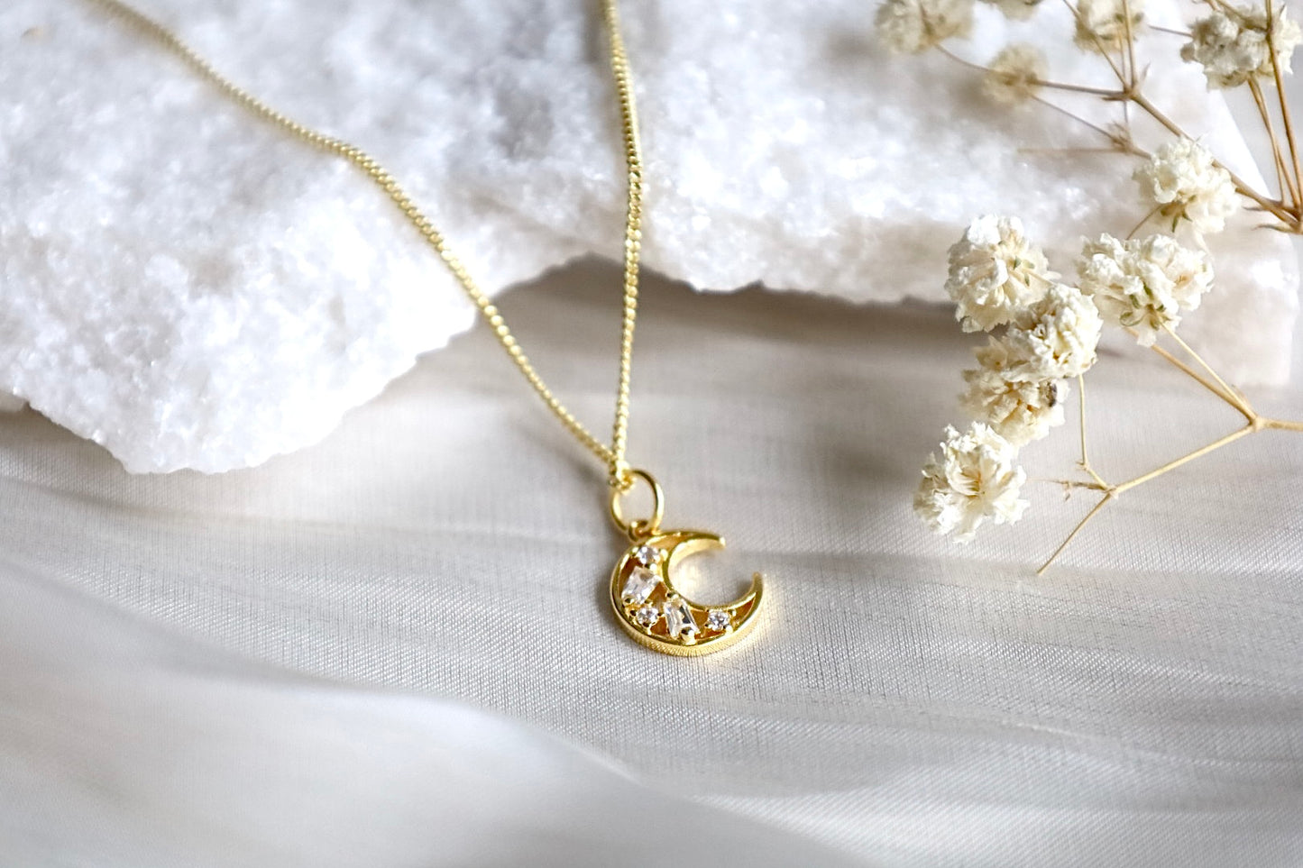 Gold Crystal Cresent Moon Necklace.