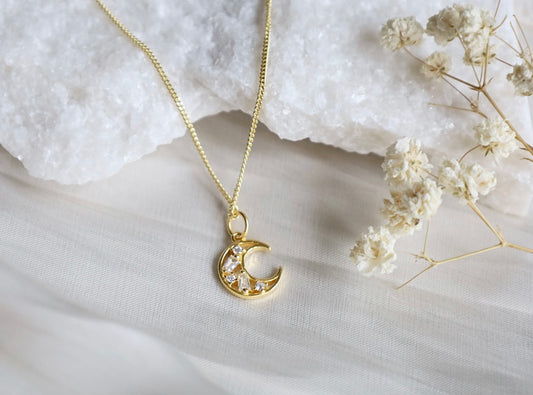 Gold Crystal Cresent Moon Necklace.