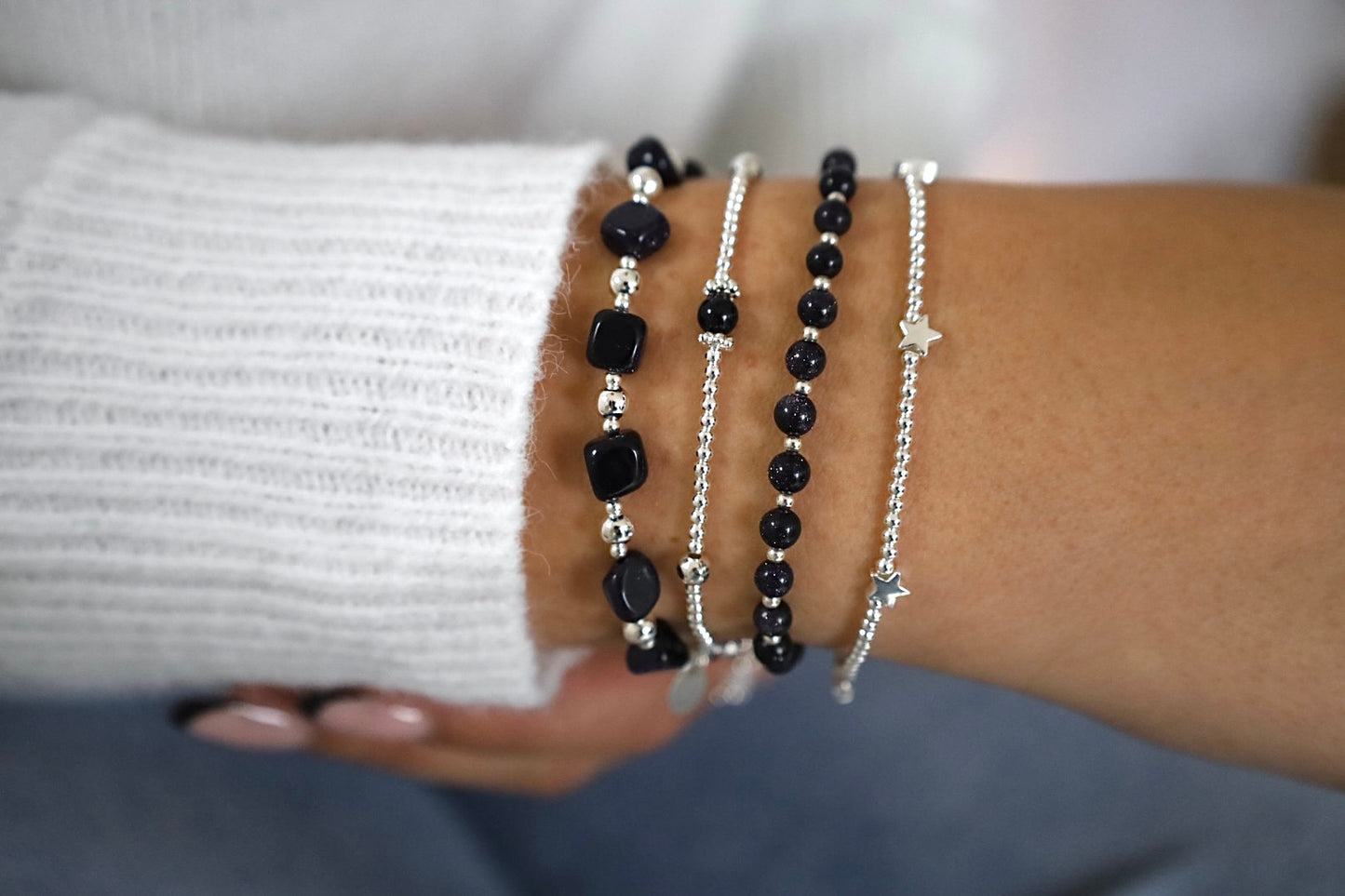 Cosmic Blue Goldstone Bracelet stack | 925 Sterling Silverr