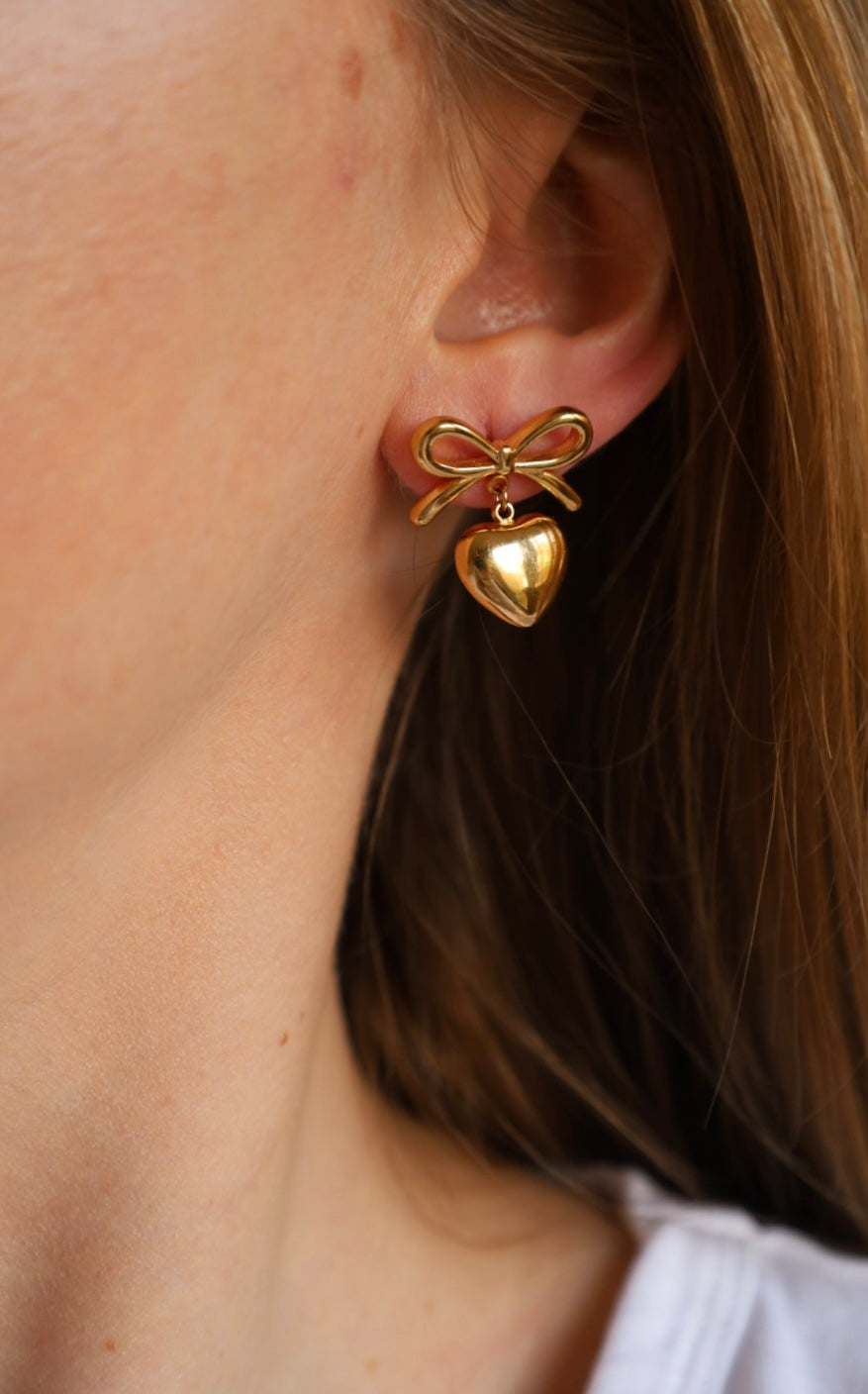 Gold Bow Heart Drop Earrings