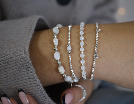 White christmas moonstone Bracelet stack | 925 Sterling Silver