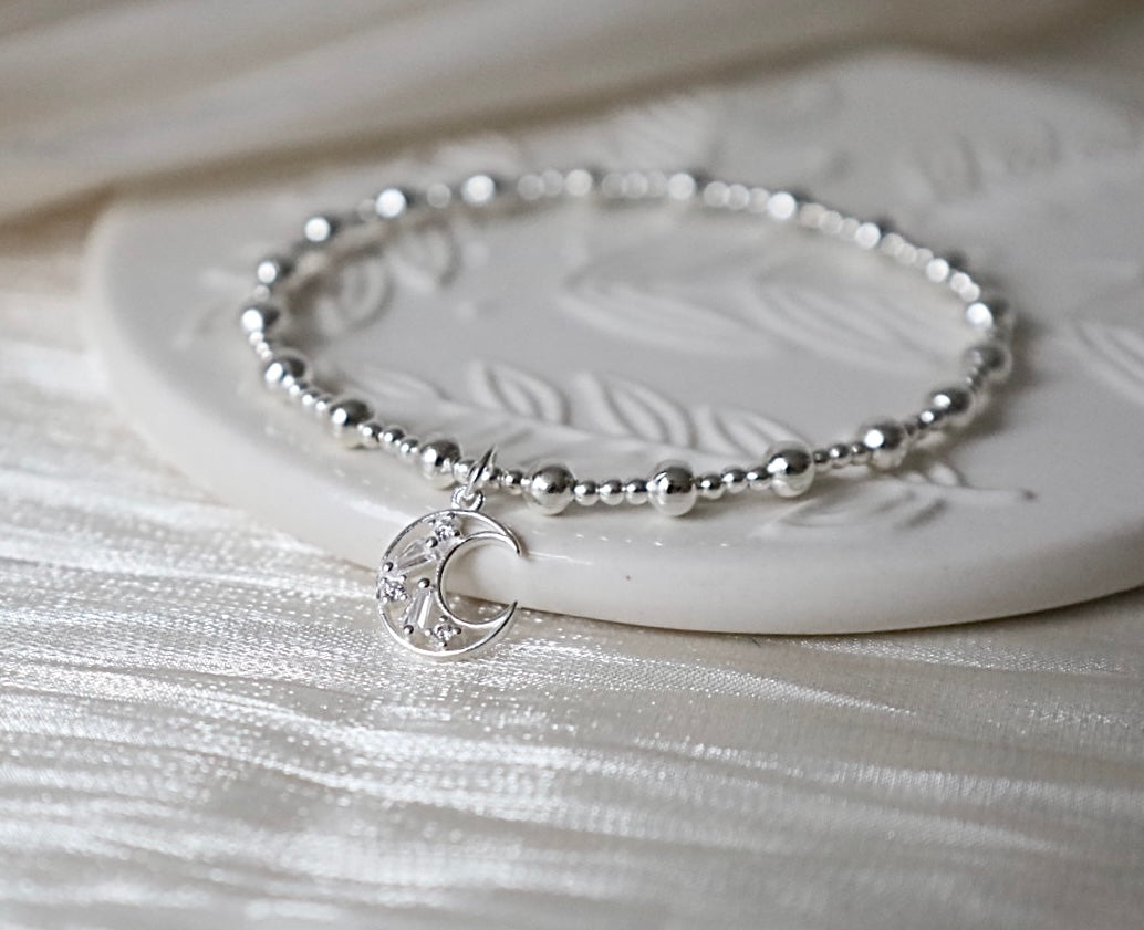 Crystal Cresent Moon Charm Bracelet | 925 Sterling Silver