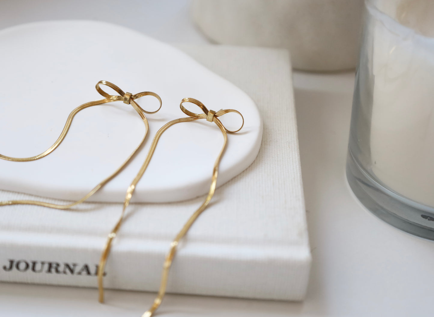 Gold Bow Snake Chain Drop Earrings