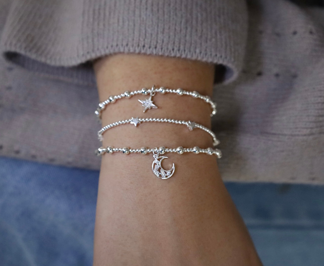 Crystal Cresent Moon Charm Bracelet | 925 Sterling Silver