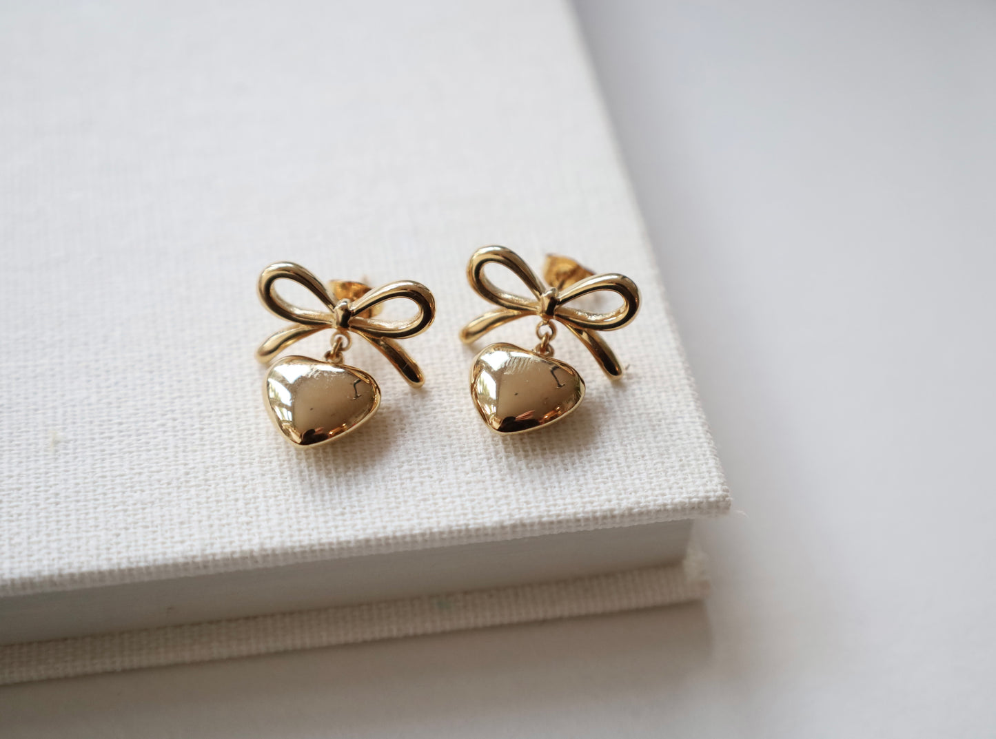 Gold Bow Heart Drop Earrings