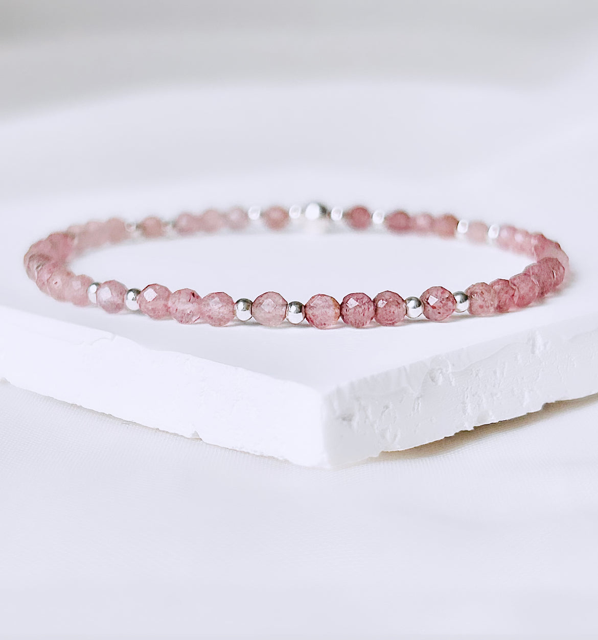 Dainty Strawberry Quartz Gemstone Bracelet | 925 Sterling Silver