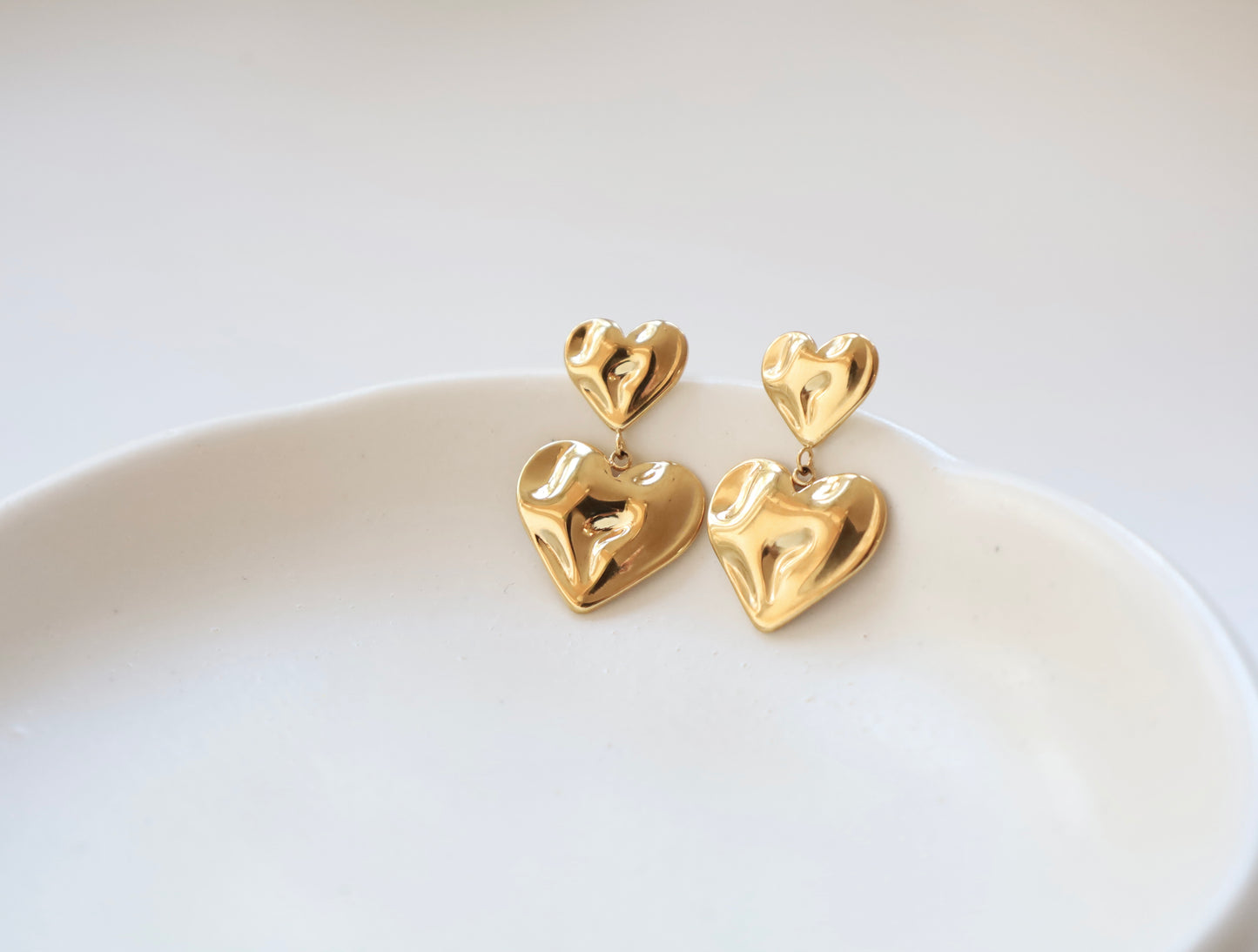 Molten Gold Double Heart Drop Earrings