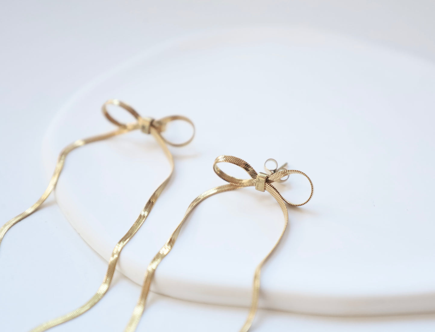 Gold Bow Snake Chain Drop Earrings
