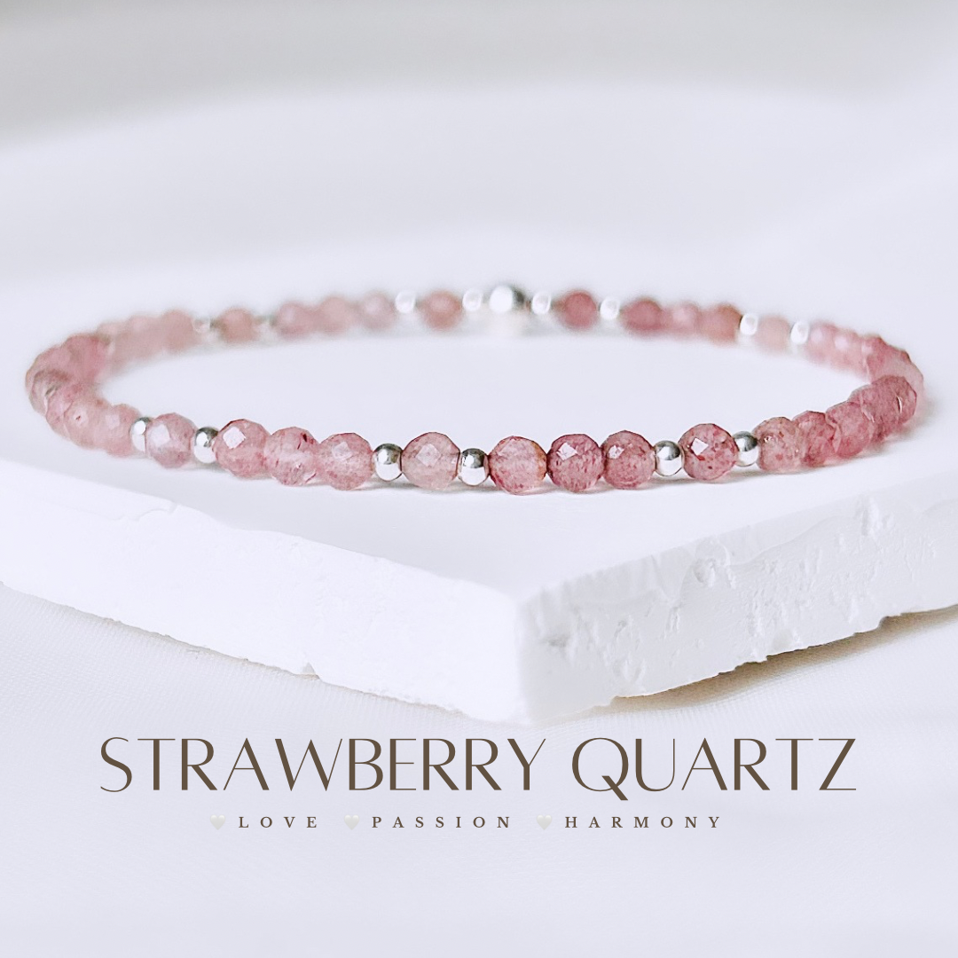 Dainty Strawberry Quartz Gemstone Bracelet | 925 Sterling Silver