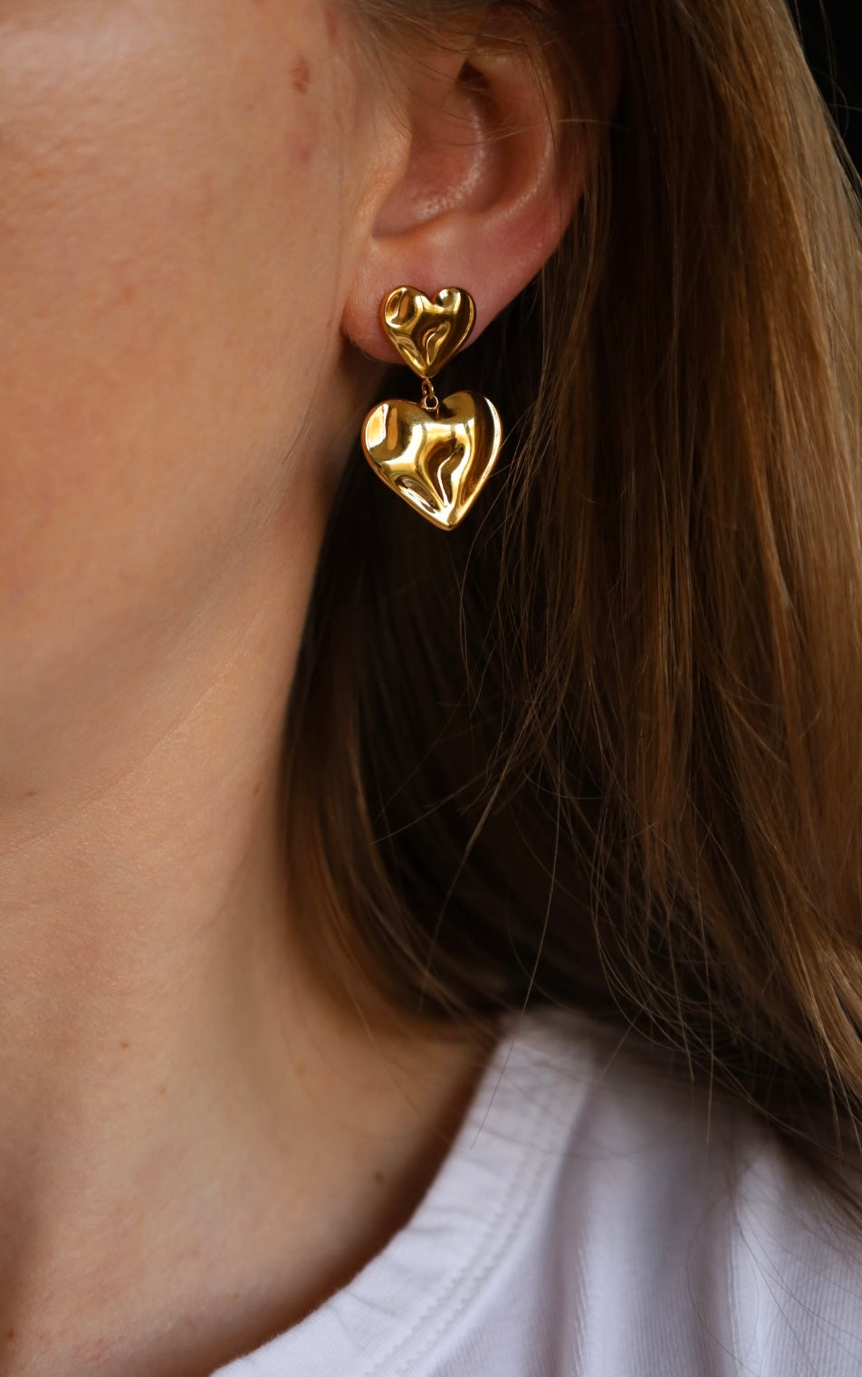 Molten Gold Double Heart Drop Earrings