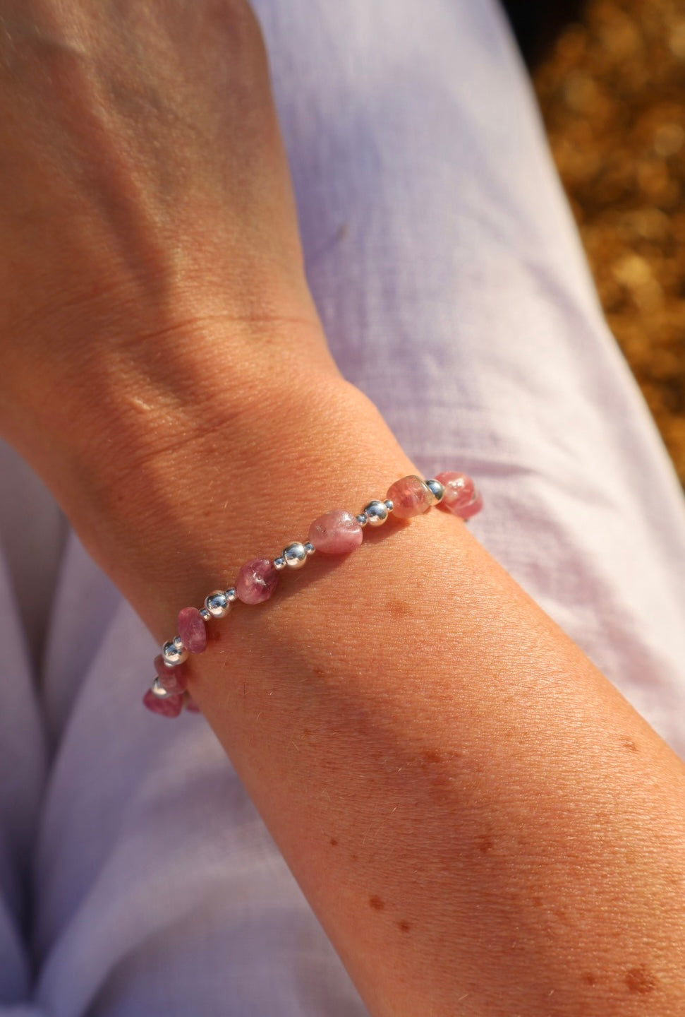Pink Tourmaline Pebble Gemstone Bracelet | 925 Sterling Silver