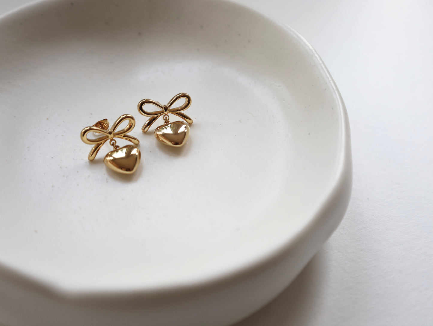 Gold Bow Heart Drop Earrings